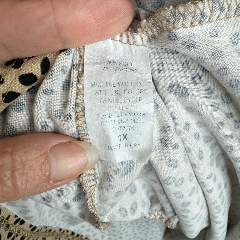 Tiered Ruffle Vneck Dress Pockets Dotted Print Soft Relaxed Tan Beige Black 1X - Picture 7 of 7